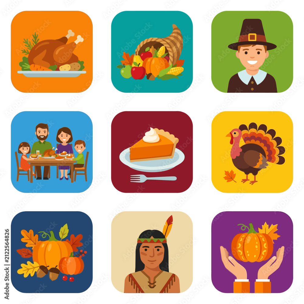 Fototapeta premium thanksgiving holiday icons set with traditional autumn symbols and family dinner elements for seasonal design