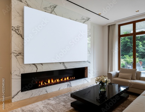 Luxury Contemporary Living Room with Oversized Blank Canvas Above Modern Fireplace, Elegant Interior Design, Large Windows and Minimalist Decor