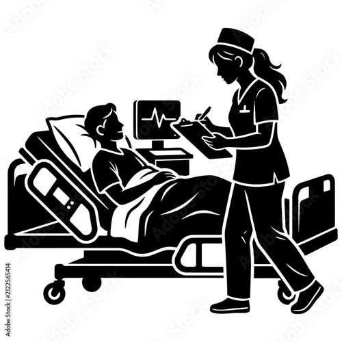 nurse checking on patient in hospital bed with heart monitor display