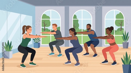 Diverse Group of People Doing Squats in Fitness Class with Instructor