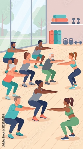 Diverse Group of People Doing Squats in a Fitness Class Illustration