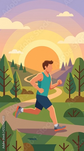 Man Running on Park Trail at Sunset Flat Vector Illustration