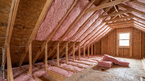 Fiberglass batt insulation fitted neatly between attic rafters and wall studs