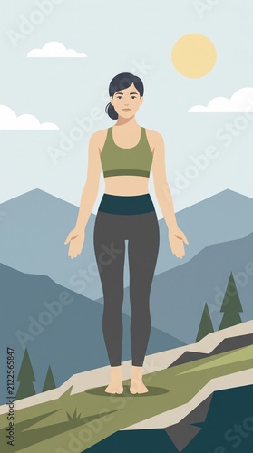 Woman Practicing Yoga Mountain Pose in Nature Illustration