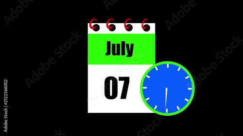 July month 07 date calendar icon animation. Animated Calendar Icon Showing Date Change with Clock Symbol Appointment Scheduling and Deadlines. Modern design calendar symbol background 4k video.