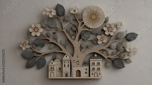 3d wood carving of tree with flowers, sun and two houses