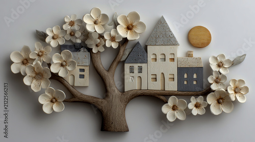 3d wood carving of tree with flowers, sun and two houses