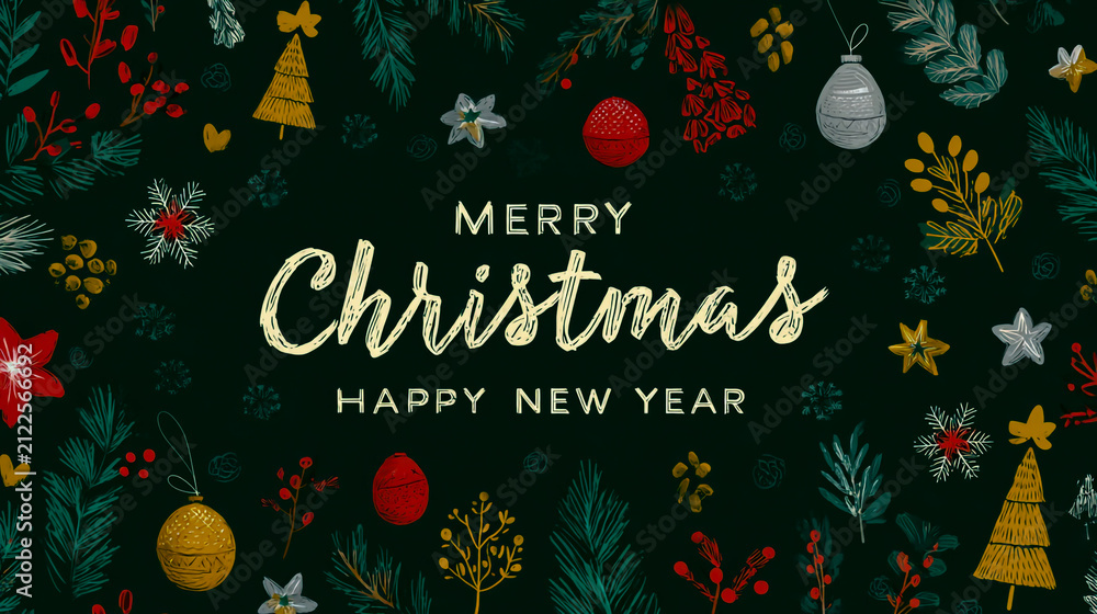 Fototapeta premium Christmas and New Year horizontal pattern illustration