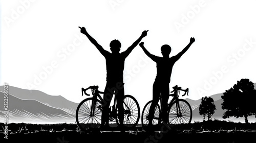 Silhouette of two boys standing with their arms raised