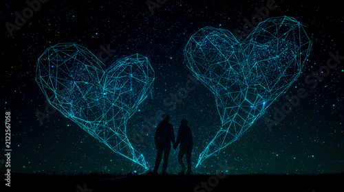 Two wireframe hearts connected by glowing lines