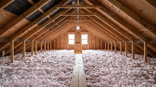 Wide view of a well insulated attic with an even blown insulation layer