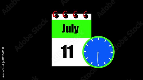 July month 11 date calendar icon animation. Animated Calendar Icon Showing Date Change with Clock Symbol Appointment Scheduling and Deadlines. Modern design calendar symbol background 4k video.