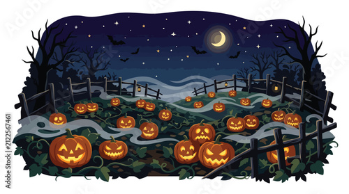 Halloween pumpkin patch with glowing jack o lanterns under a starry night sky with crescent moon and bats
