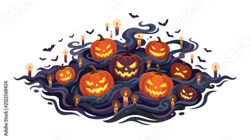 Carved Halloween jack o lantern pumpkins glowing in dark smoke with burning candles and flying bats