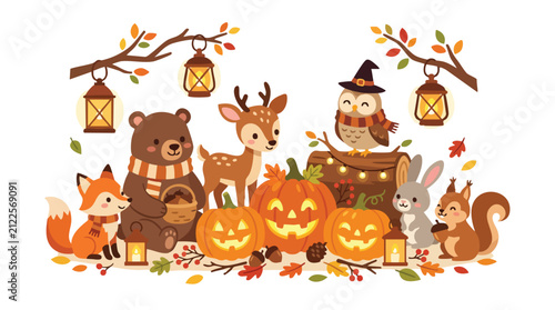 Autumn woodland animals celebrating Halloween with pumpkins and lanterns in forest