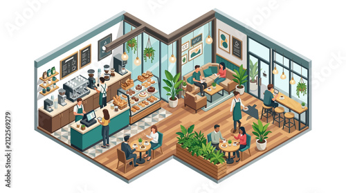 Cozy Isometric Coffee Shop Interior with Patrons and Baristas