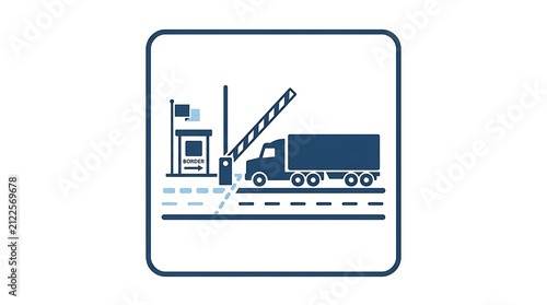 Blue minimalist illustration of a heavy cargo truck passing through a border control checkpoint