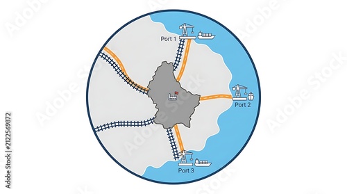Infographic illustration of a landlocked country connected to several coastal ports by railway and road networks for international shipping and trade