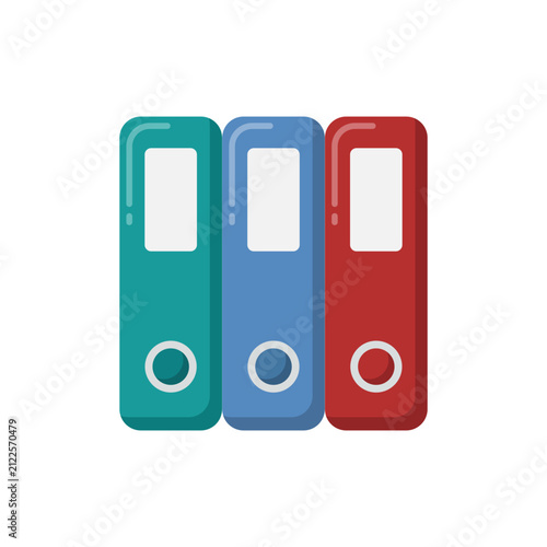 Three isolated flat colorful ring binders in a row on white background