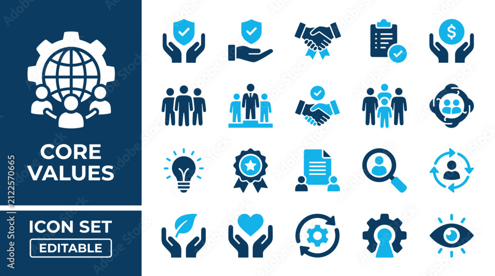 Fototapeta premium Corporate core values and business ethics icon set