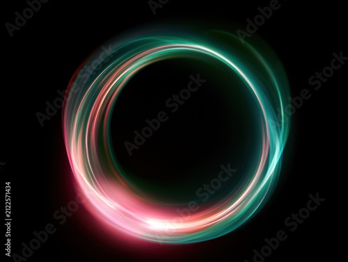 Vibrant Neon Light Ring on Black Background with Dynamic Energy Flow