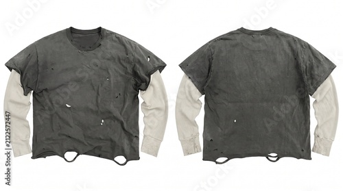 Front and back view of a distressed dark grey layered long sleeve tshirt.