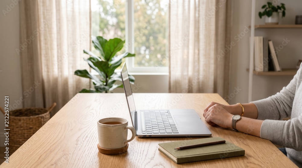 Fototapeta premium Professional woman working on a laptop at a bright wooden desk in a cozy home office, ideal for corporate presentations, blog headers, and marketing materials