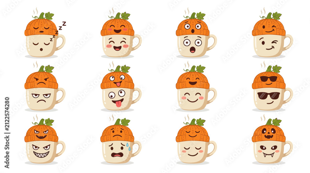 Obraz premium A collection of cute coffee mugs wearing pumpkin hats with various funny facial expressions for autumn and halloween holiday season designs