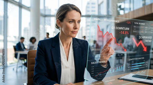 Businesswoman analyzing downward trend on futuristic holographic financial dashboard