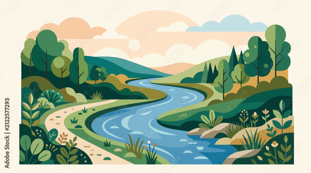 Obraz premium Vivid landscape illustration featuring a winding river surrounded by lush greenery and rolling hills under a cloudy sky