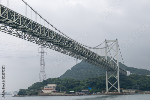 Low angle view of the massive steel structure of Kanmon Bridge