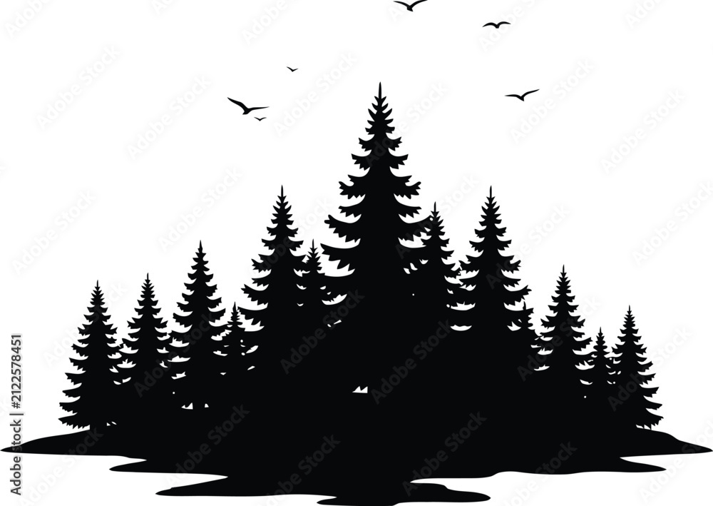 Fototapeta premium Silhouette of a pine forest with flying birds isolated on white background silhouette landscape coniferous woodland evergreen outdoors