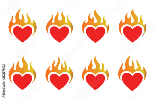 Burning heart icons with gradient flames representing passion love and romantic energy vector set.