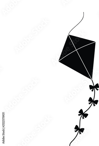 Black silhouette of flying kite with decorative bow tails isolated on white background