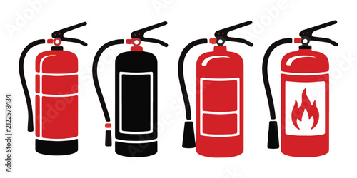 Принти на полотні Modern fire extinguisher vector collection with flame graphics and varied base designs for safety