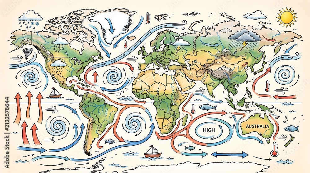 Fototapeta premium Global weather patterns and ocean currents on hand drawn world map