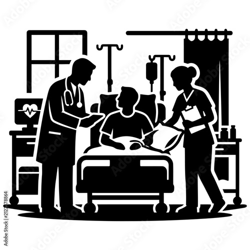 doctor and nurse caring for patient in hospital room with medical equipment