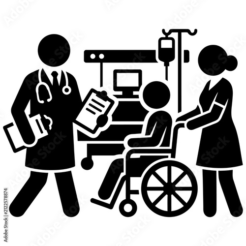 doctor and nurse with patient in wheelchair receiving medical care in hospital room