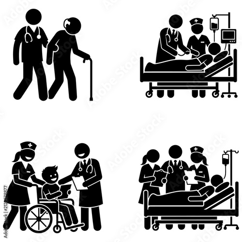 diverse people working together in healthcare settings with doctors and nurses