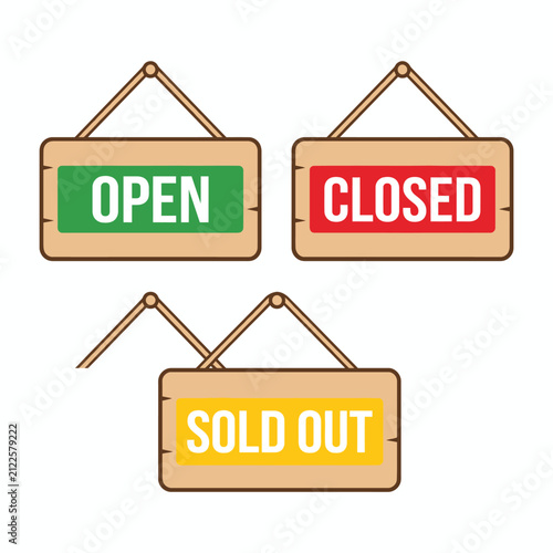 Hanging wooden signs with open closed and sold out text labels