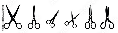 Scissors in various styles and angles, collection of cutting tool icons for craft, office, hairdressing, and design uses, isolated black silhouettes