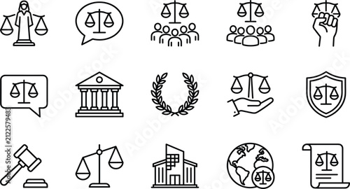 Law, justice, and human rights line art vector icon set featuring Lady Justice scales of justice judge gavel court house and legal document symbols.eps