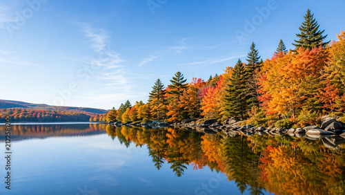 Autumn lake reflecting colorful trees on a clear day