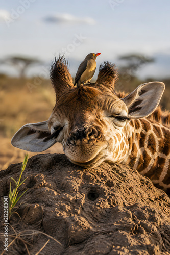 Tired giraffe resting peacefully on the ground with a small bird on its head in the African savanna