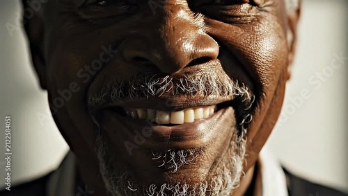 Extreme close-up of an elderly African American man's face, featuring detailed skin texture, wrinkles, and grey facial hair stubble, captured with dramatic high-contrast lighting.