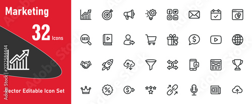 Professional marketing business graphic illustration icon collection presented as an editable vector set for modern digital design and web projects