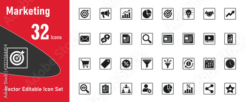 Professional marketing business graphic illustration icon collection presented as a high quality editable vector set for modern web design projects