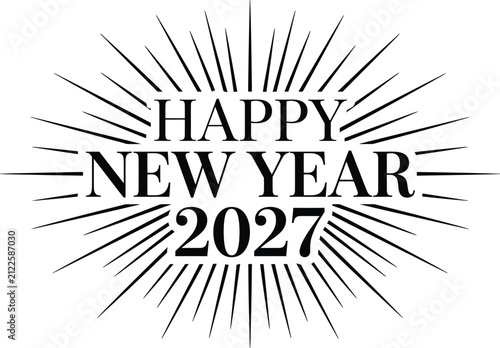 Happy New Year 2027 typographic design with sunburst pattern