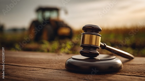 Gavel on weathered wooden surface against a blurry agricultural background with a large vehicle, symbolizing legal aspects of farming, land, and rural justice at sunset