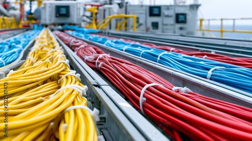 Industrial power cables in cable trays, colorful electrical wiring on offshore platform, heavy duty infrastructure for energy sector
